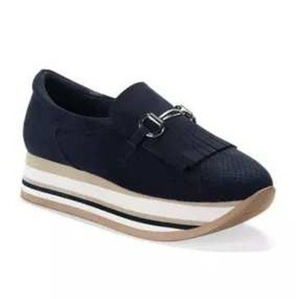 Crown & Ivy Navy Blue Platform Bosco Sneakers Loafers Tassel Striped Sole Sz 8.5 - Picture 2 of 12
